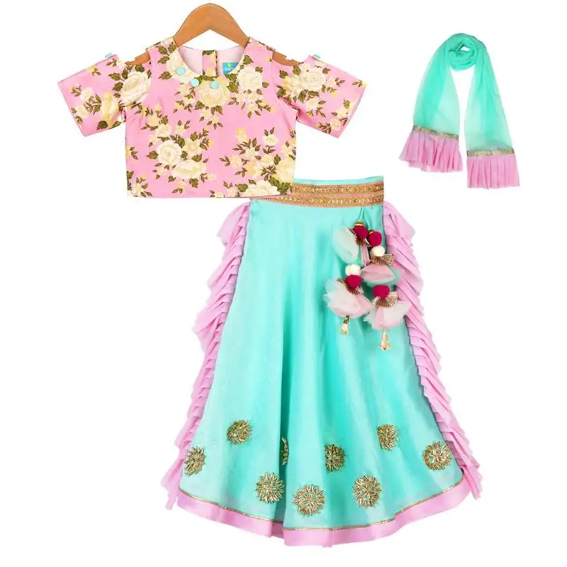 Aqua & pink chanderi ghaghra with printed crop top