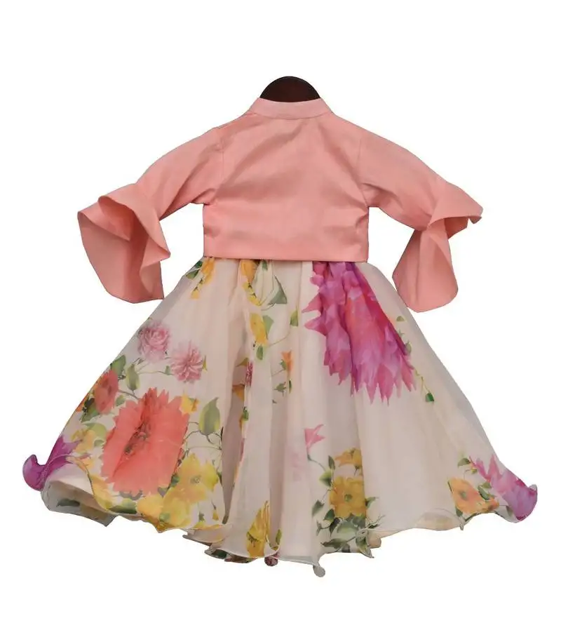Peach ivory organza printed lehengaset for girls