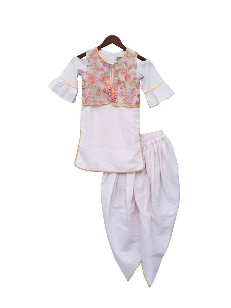 Peach cotton dhoti set with embroidered jacket for girls