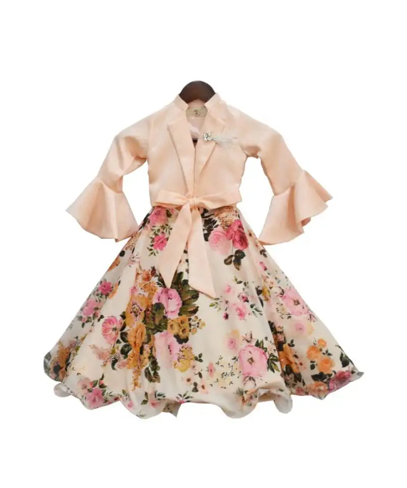 Peach printed lehenga set for girls