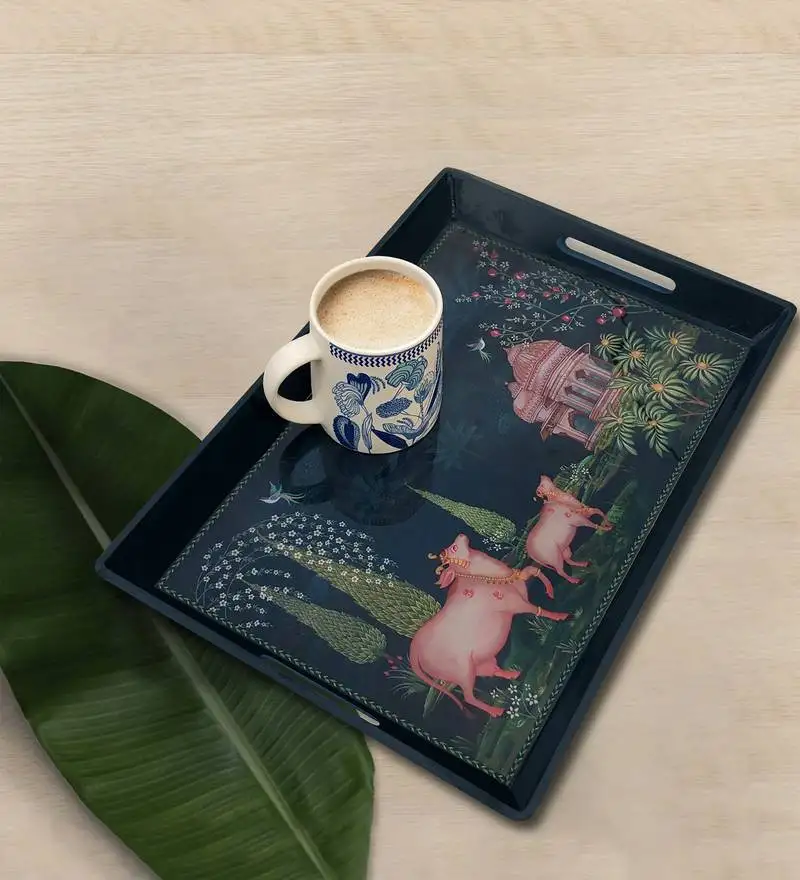 Pichwai wood serving tray with handles - large