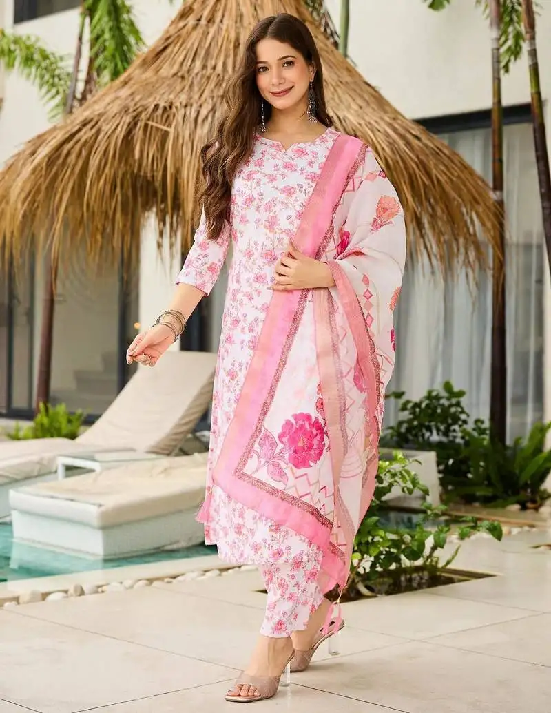 Women beautiful printed silk blend fabric with straight kurta, pant and dupatta set