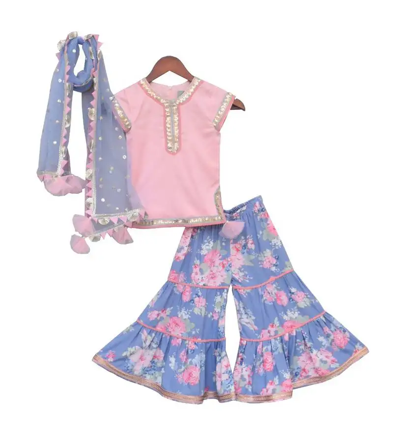 Pink and blue cotton printed sharara set for girls