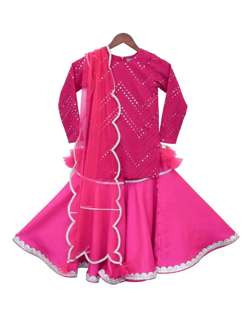 Pink mirror work pink silk sharara with kurti net dupatta for girls