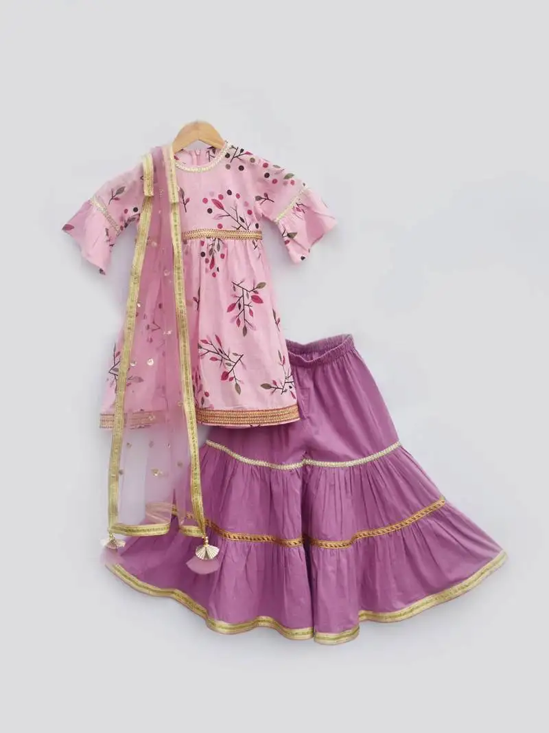 Pink printed kurti with light purple sharara