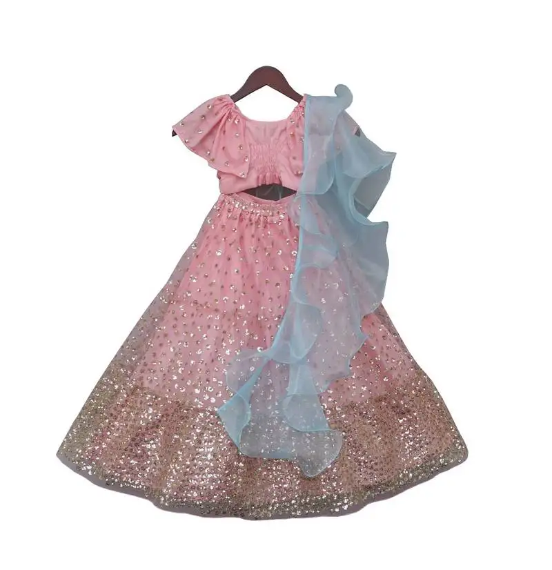Pink sequins lehenga set for girls