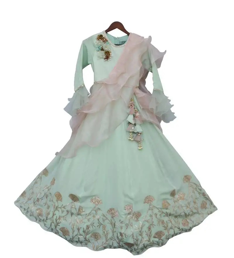 Off white and green net flair high low dress