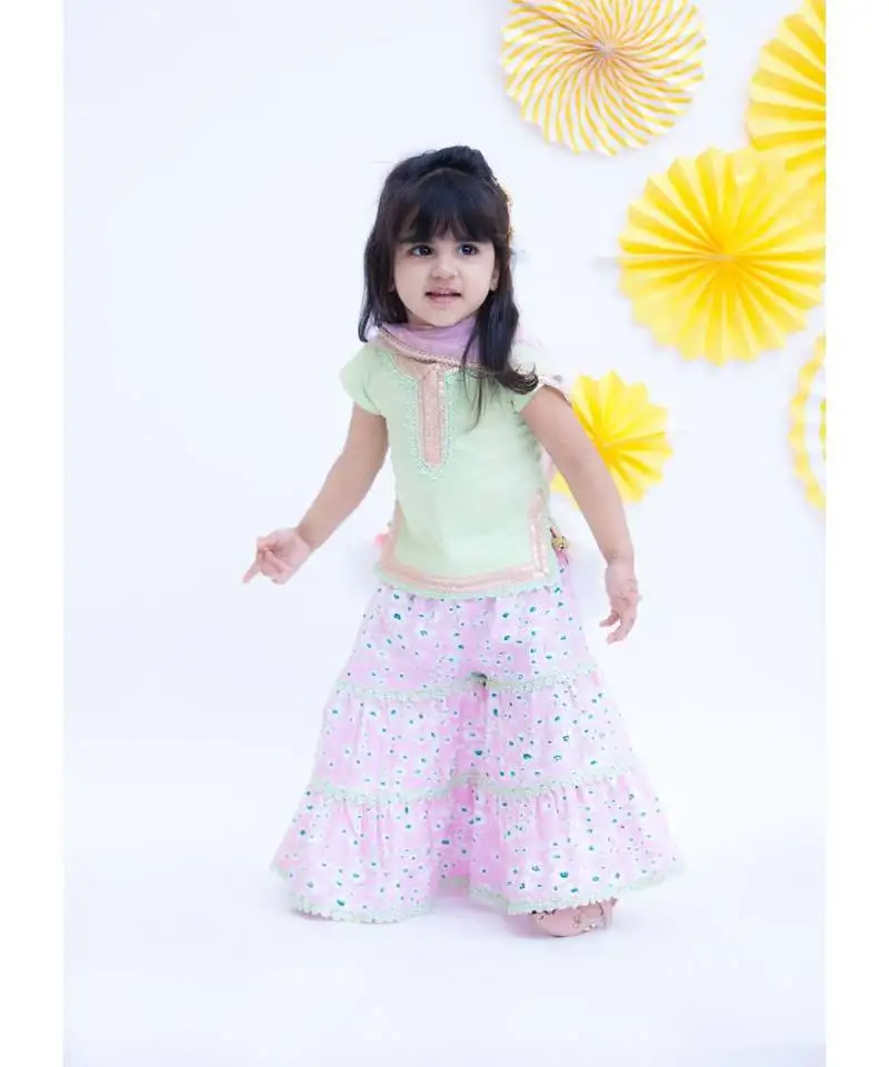 Pista green printed sharara set for girls