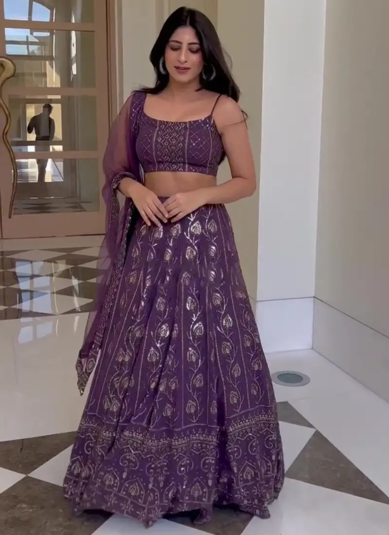Purple georgette thread zari sequin embroidery work lehenga choli