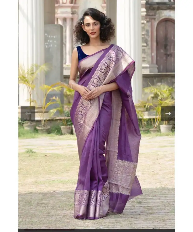 Purple banarsi linen saree with blouse piece