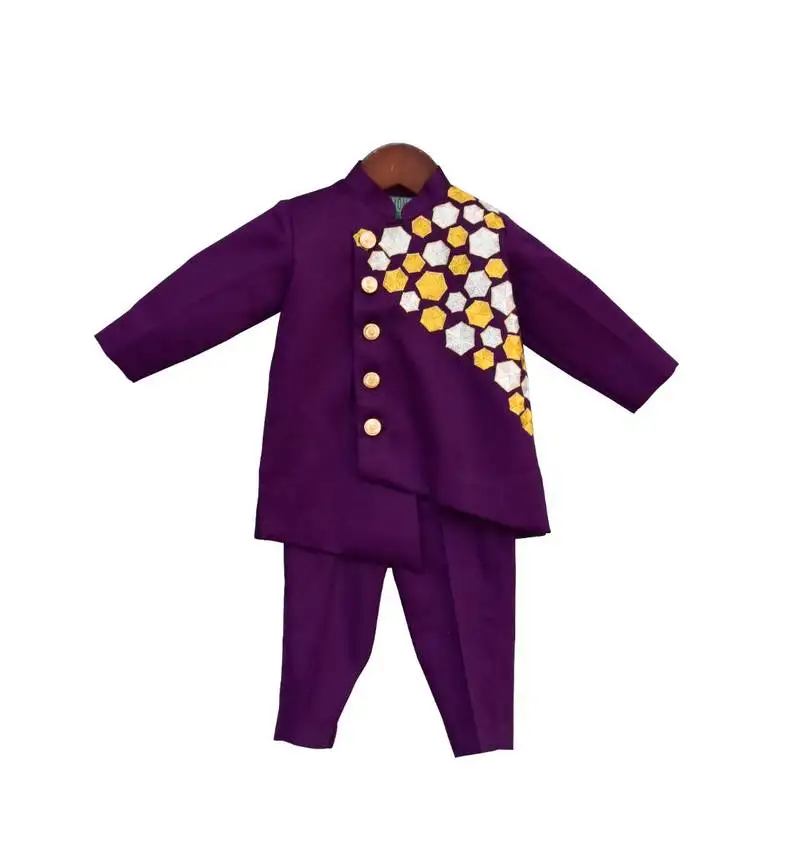 Purple embroidered achkan with pant for boys