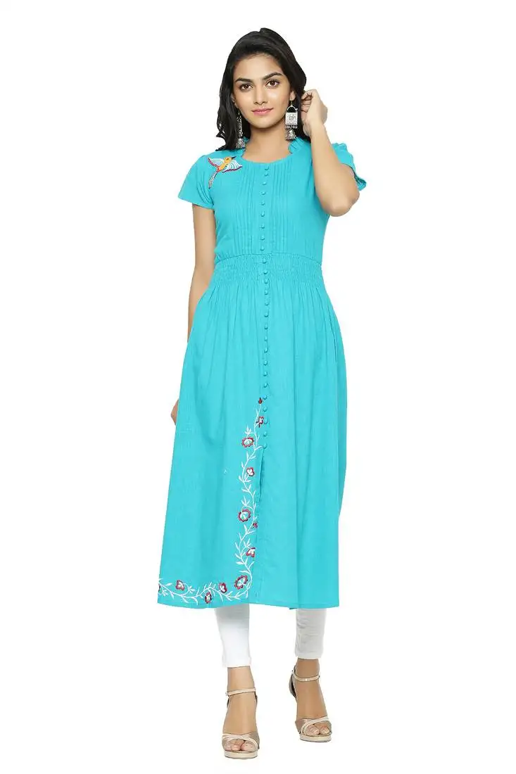 Women's cotton slub embroidery kurta (teal)