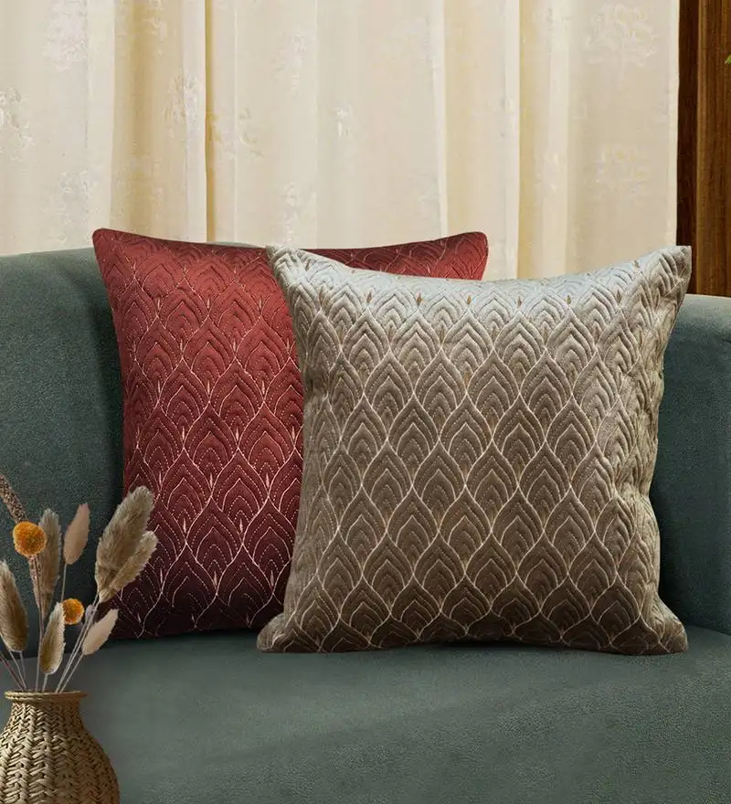 Beige mayur jaal embroidered cushion cover 18x18