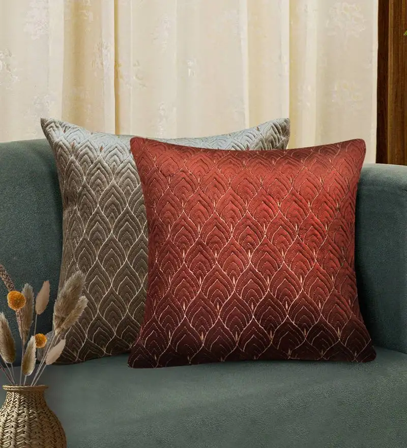 Rust mayur jaal embroidered cushion cover 18x18