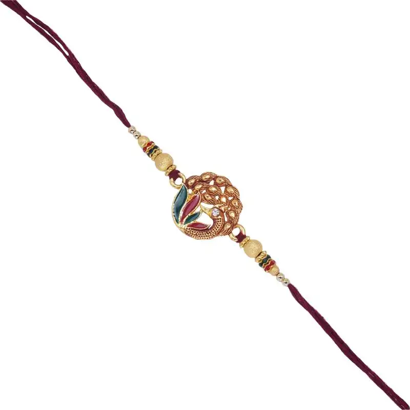 Gold plated designer stone studded peacock rakhi for men::Boys
