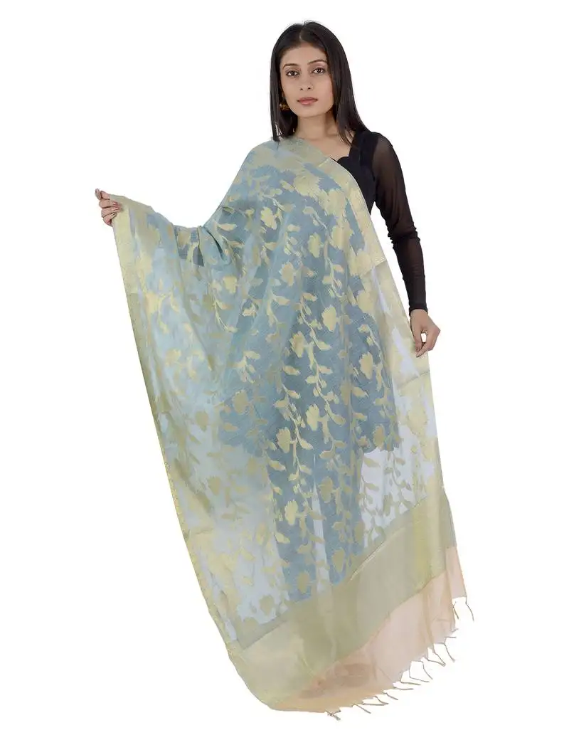 Rani blue women's banarasi kora silk zari dupatta
