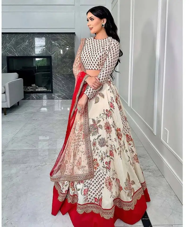 Cream georgette digital print embroidered lehenga choli