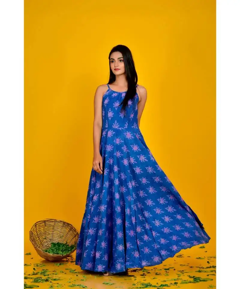 Blue bagru print maxi dress