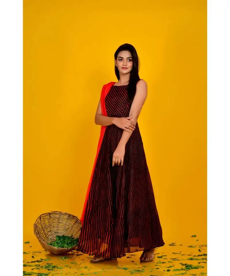 Balck flared dress with red dupatta