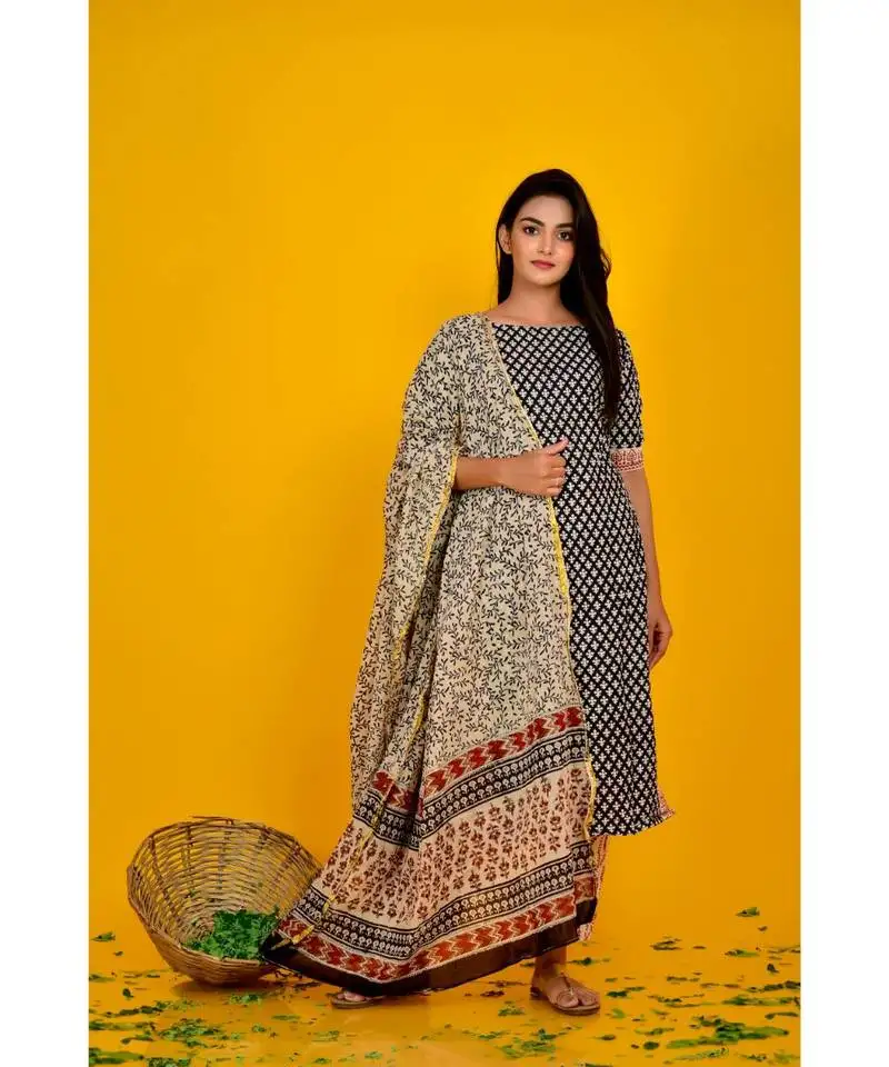 Black block print kurta pant set