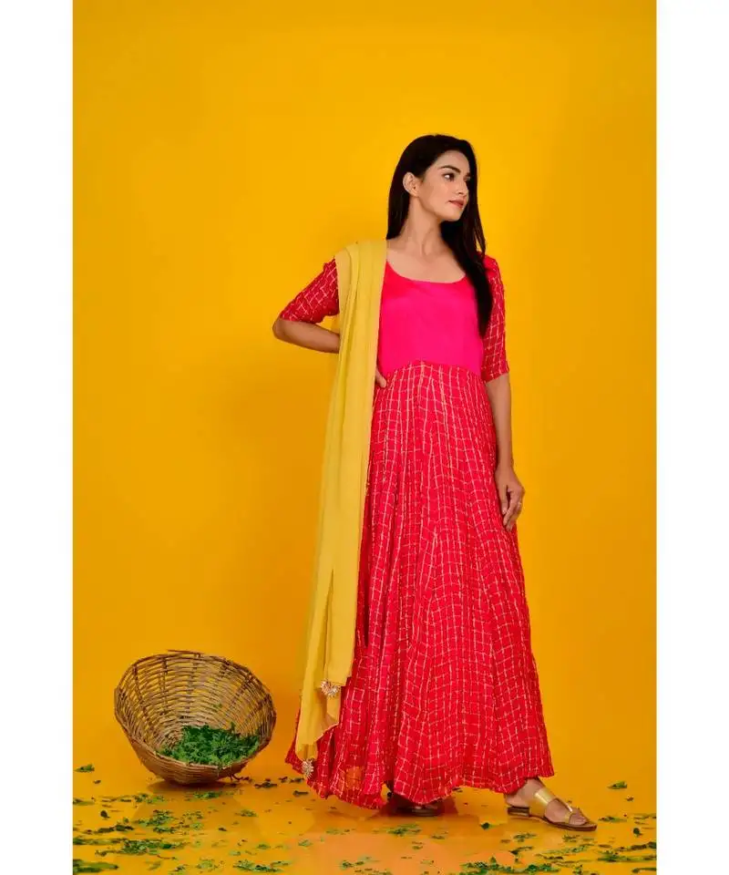 Magenta anarkali with chiffon dupatta