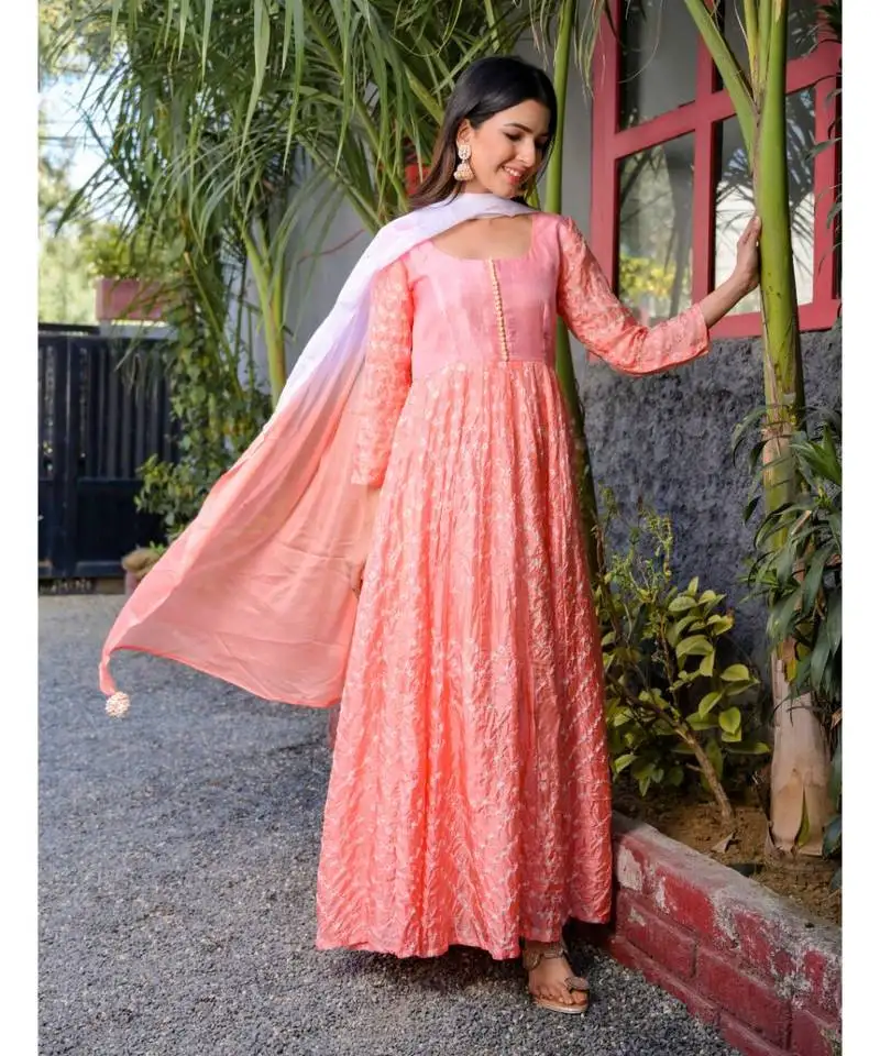 Pink bandhani anarkali set