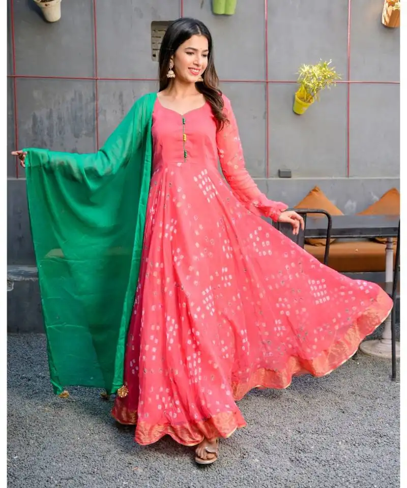 Crimson red bandhani anarkali with dupatta