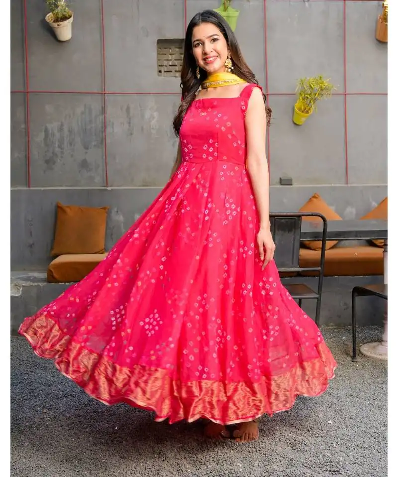 Magenta pleated anarkali with golden dupatta