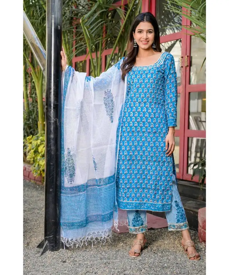 Blue block printed kurta pant set