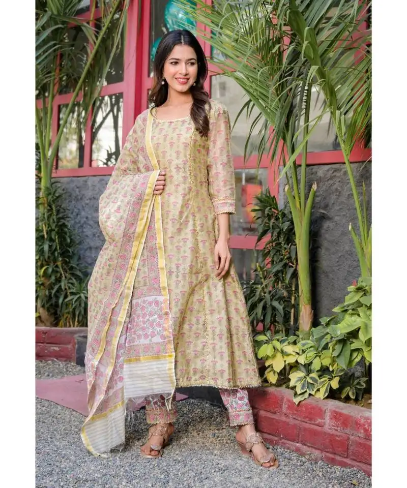 Golden block print suit set