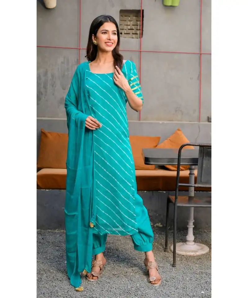 Teal green leheriya kurta with salwar & dupatta set