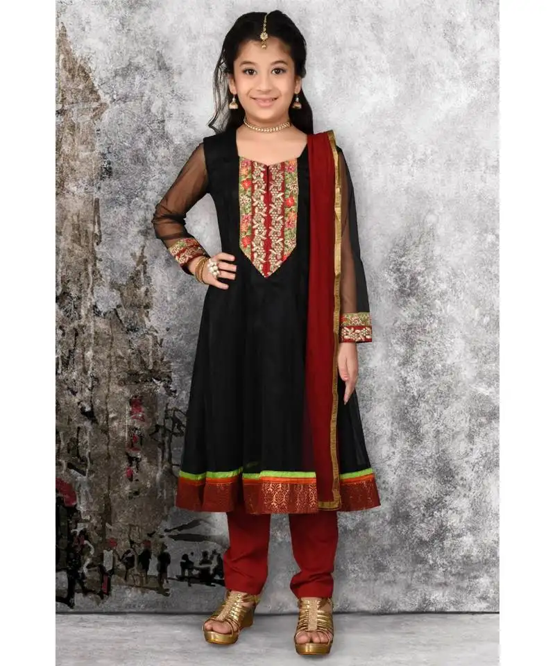 Black embroidered net stitched kids salwar suits