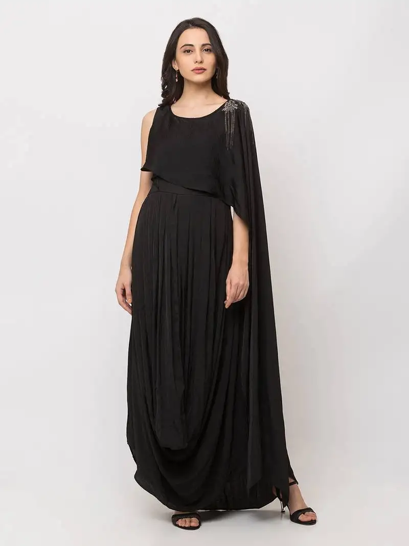 Sheczzar black color soft lycra floor length party wear gown.