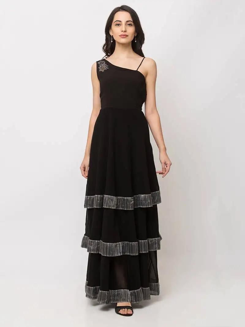 Sheczzar black color georgette floor length party wear gown.