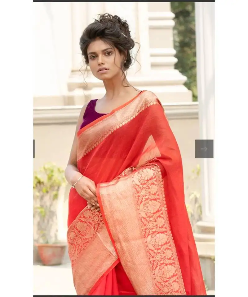Red banarsi linen saree with blouse piece