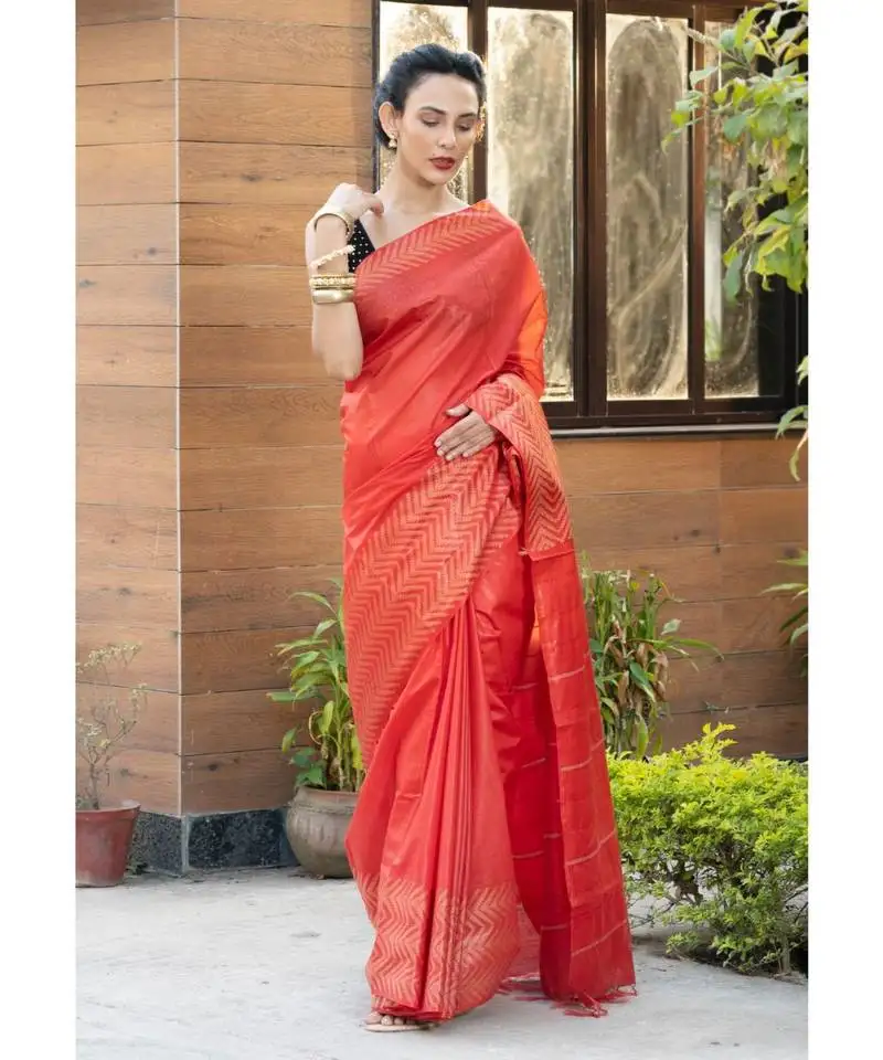 Red cotton blended saree with blouse piece