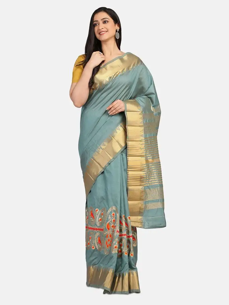 Riva enterprise women's cotton silk with jari embroidery designer party wear saree
