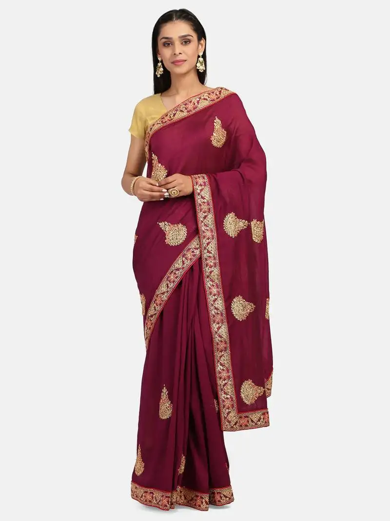 Riva enterprise women's vichitra silk with cording embroidery work exclusive saree