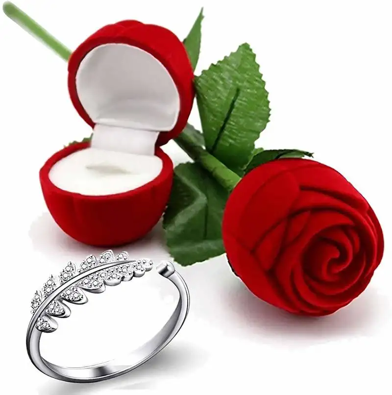 Valentine's day gift hamper of cz silver plated ring with red rose gift box for girlfriend