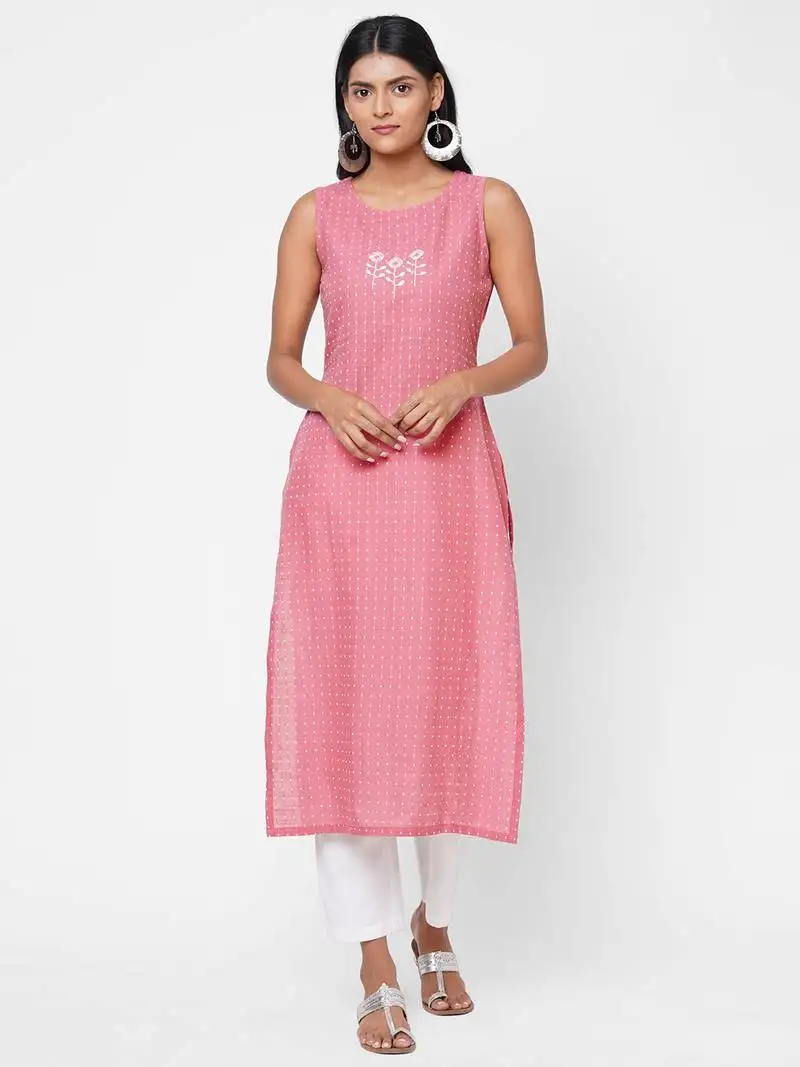 Cotton slub kantha stripes kurta with block print