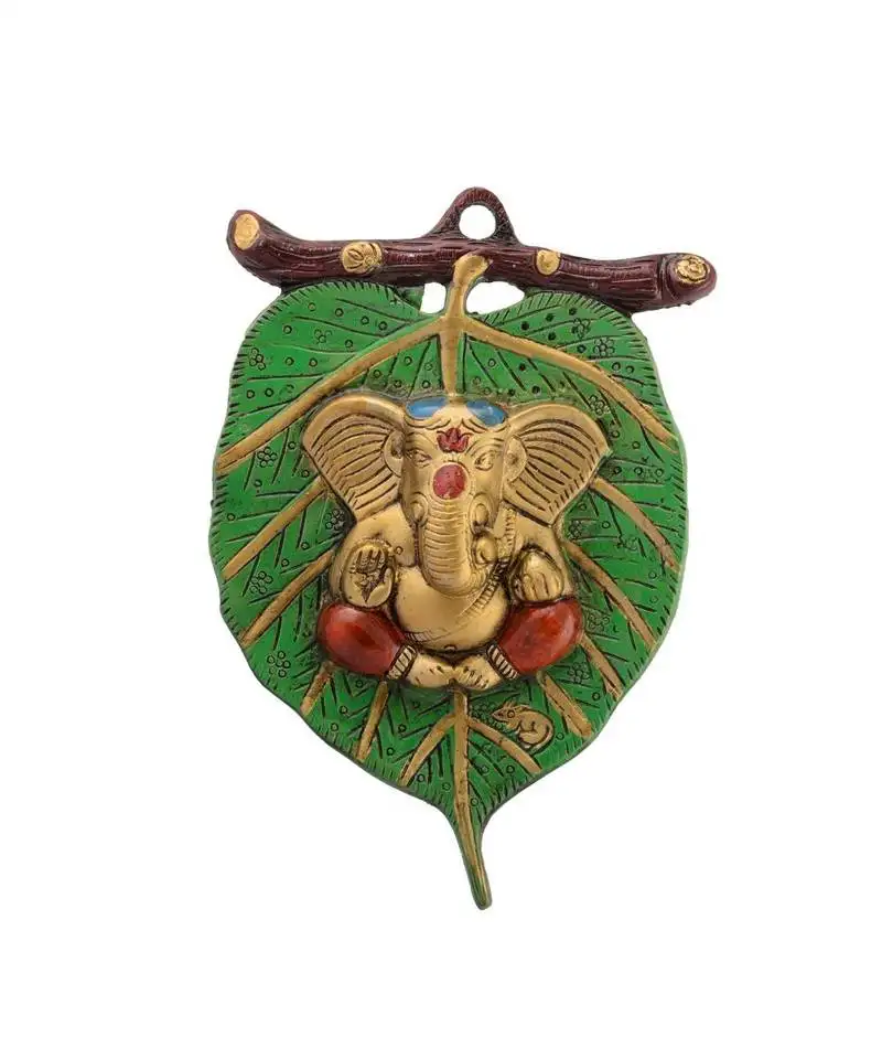 Lord ganesha on leaf white metal wall