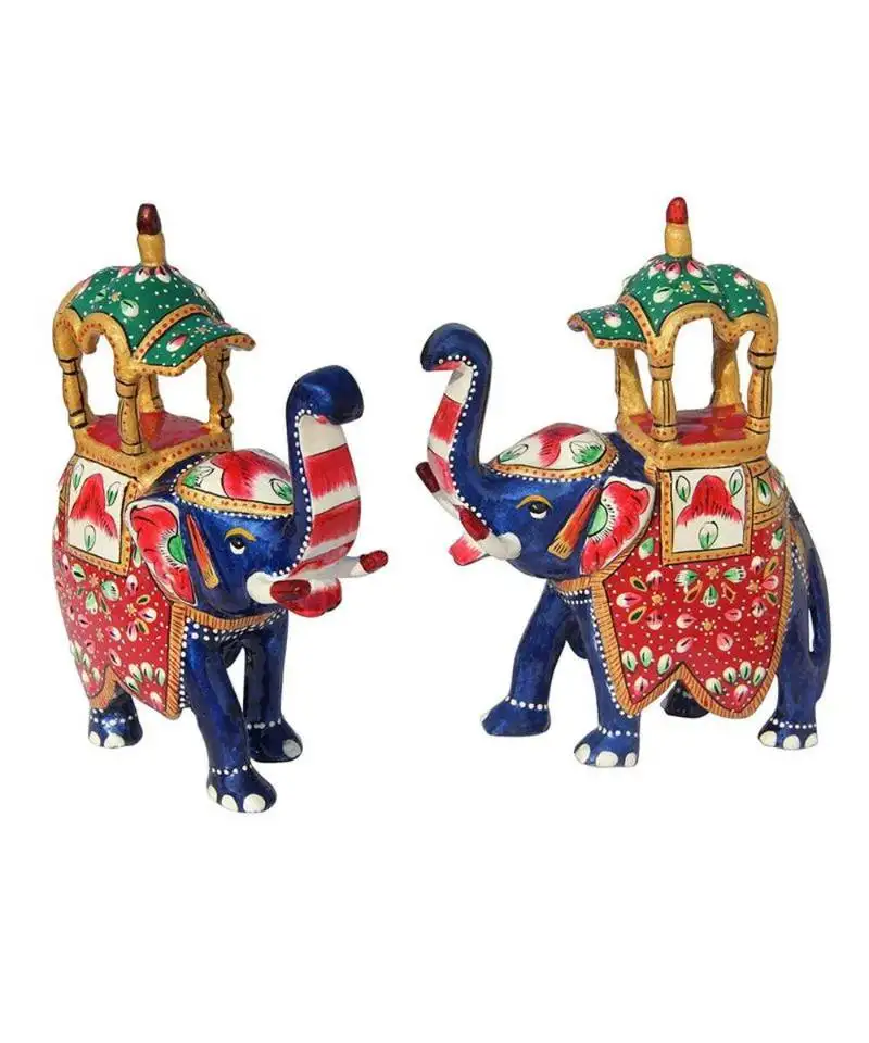 Hand painted metal enamelled pair of ambari elephant