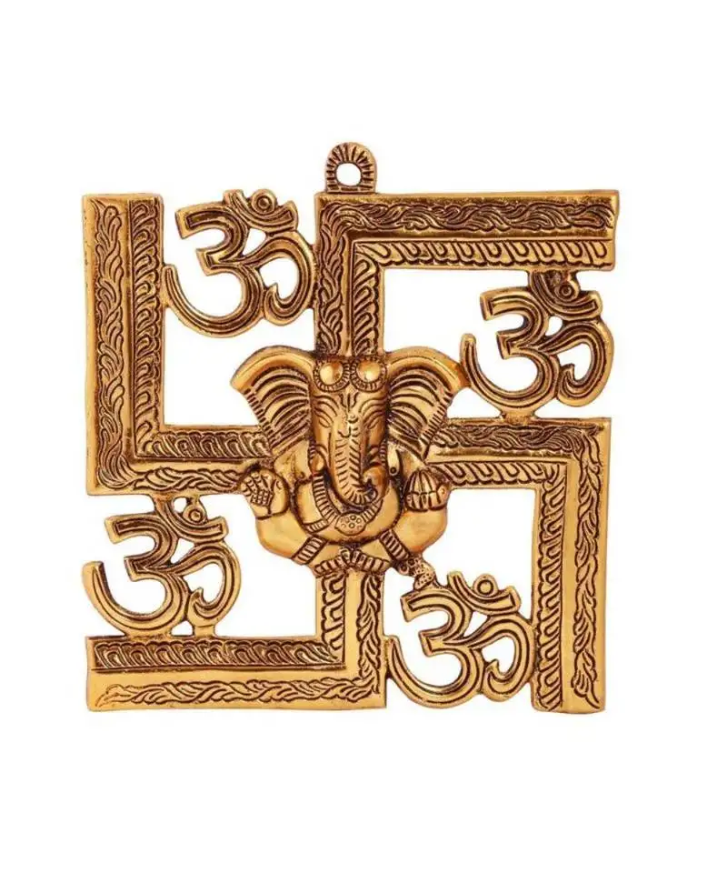 Swastik with om and ganesh motiff aluminium wall hanging