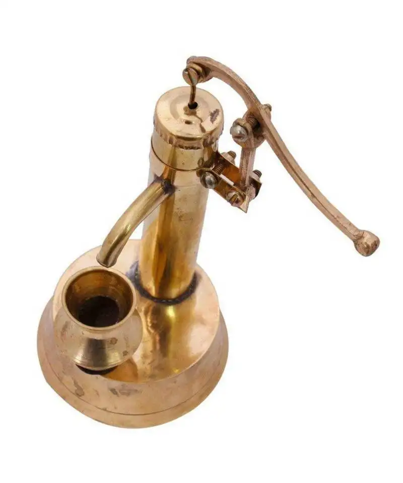 Brass mini hand pump with container showpiece for home dcor (gold)