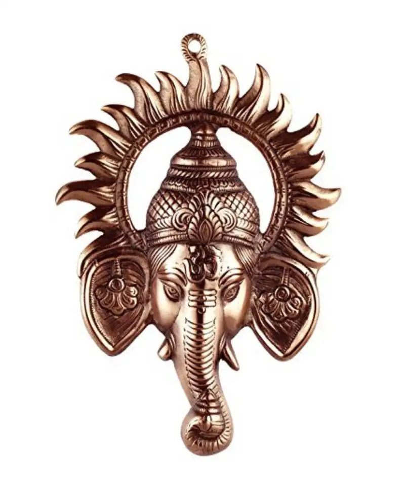 Vivan creation ganesh face wall hanging - black metal sculpture with circular sun design, 4 x 2 inches