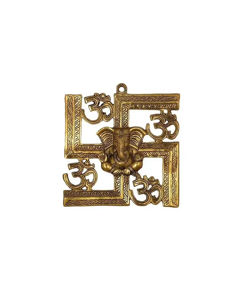 Gold finish wall hanging of lord ganesha on swastik with om