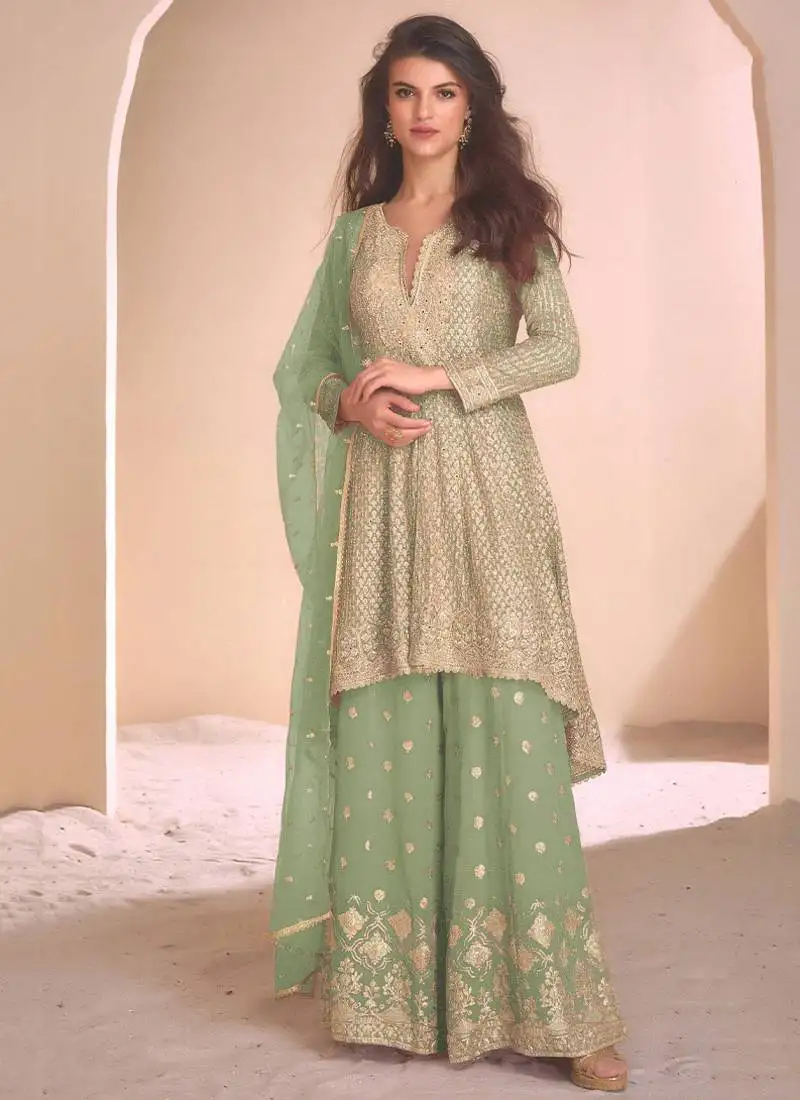 New pista green high low style wedding wear georgette salwar suit for women semi stitched