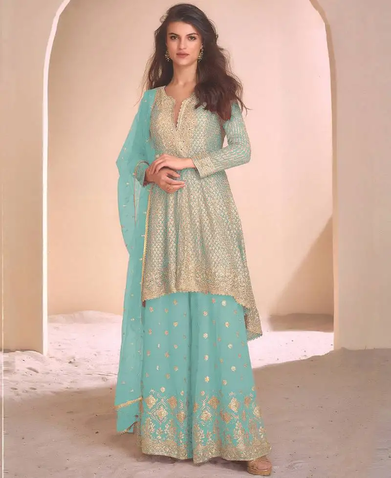 New baby blue high low style wedding wear georgette salwar suit for women semi stitched
