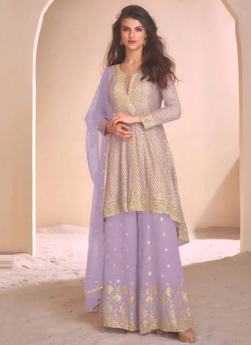 New lilac high low style wedding wear georgette salwar suit for women semi stitched