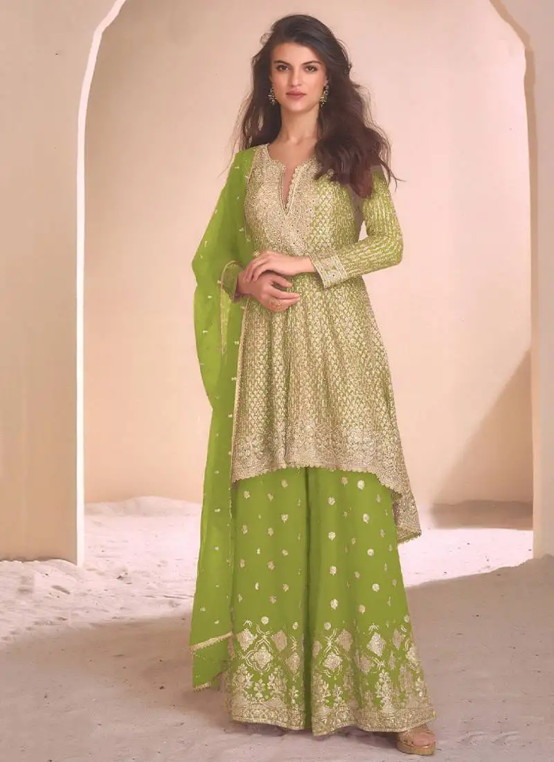 New green high low style wedding wear georgette salwar suit for women semi stitched